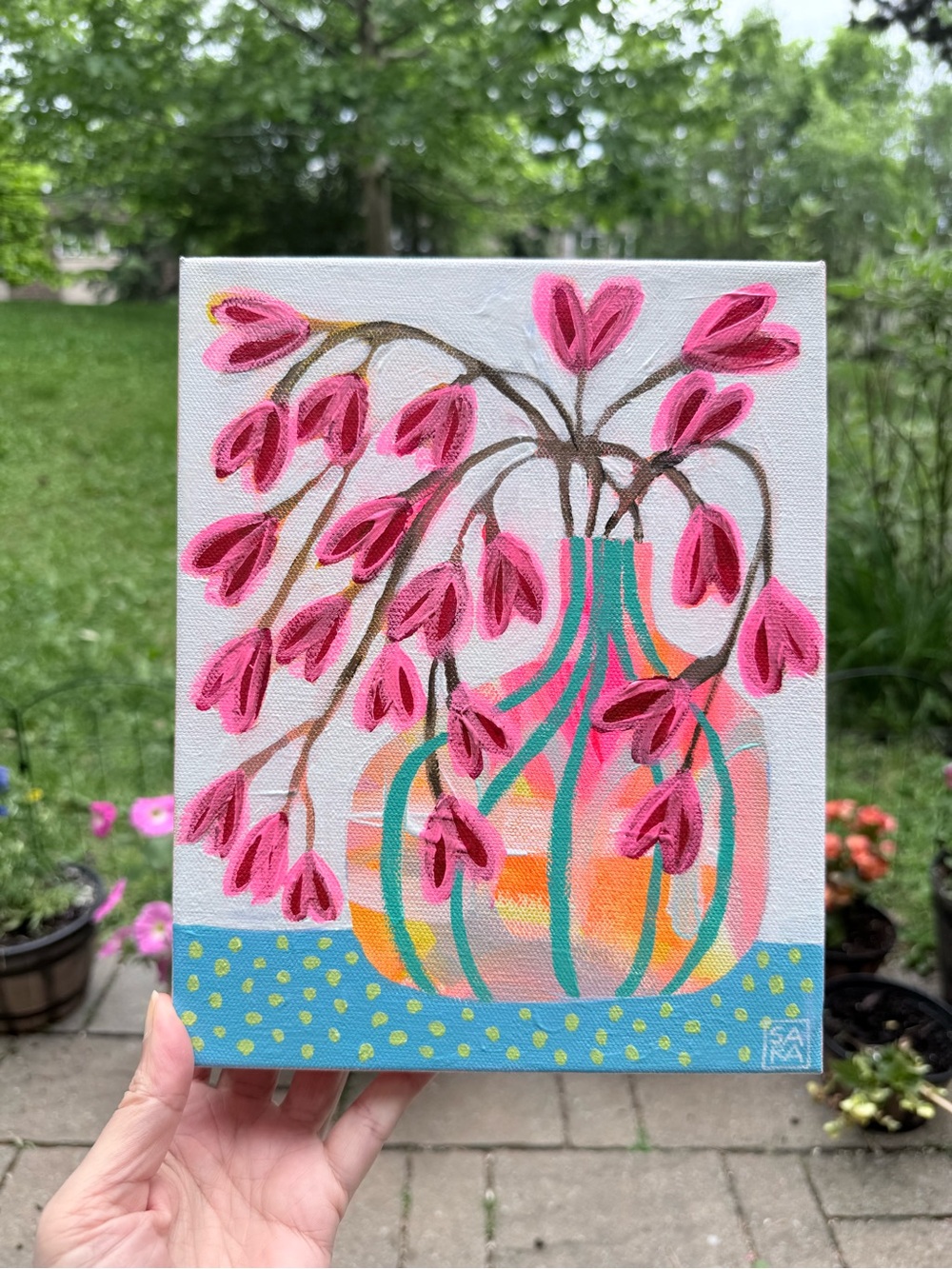 Pink Floral Vase Acrylic Canvas Art by Sara Purves